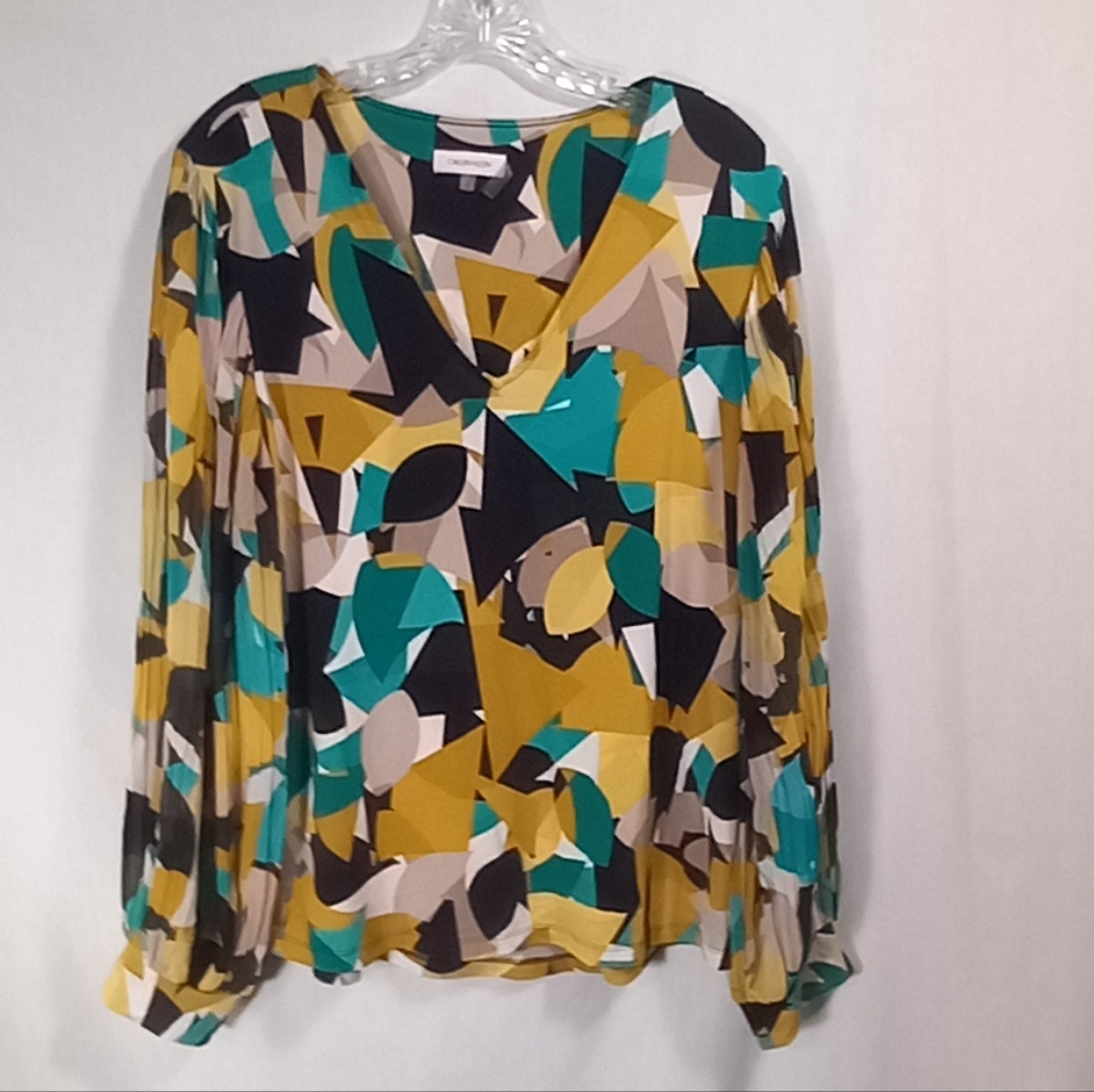 Calvin Klein Abstract Geometric Long Puff Sleeve V-Neck  Blouse Multiple Sizes